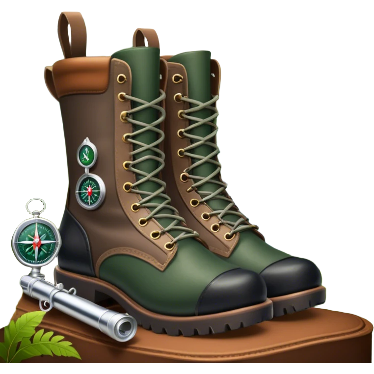 Icon for Hunting Tourism: a rifle, hunting boots, and a compass on a forest background, with a silhouette of wildlife in the distance. The icon should capture the adventure and connection with nature in hunting tourism. Transparent background. emoji