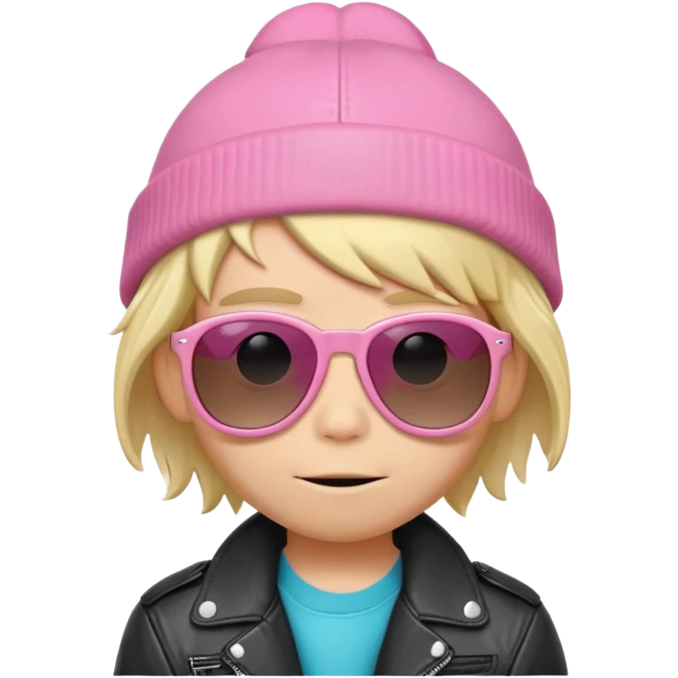 A blonde boy with surfer hair and a leather jacket and a pink Paul frank beanie and wonky sunglasses emoji