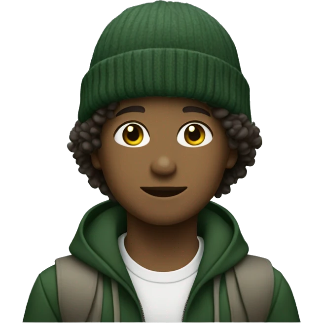 boy with curly hair and dark green sage beanie emoji