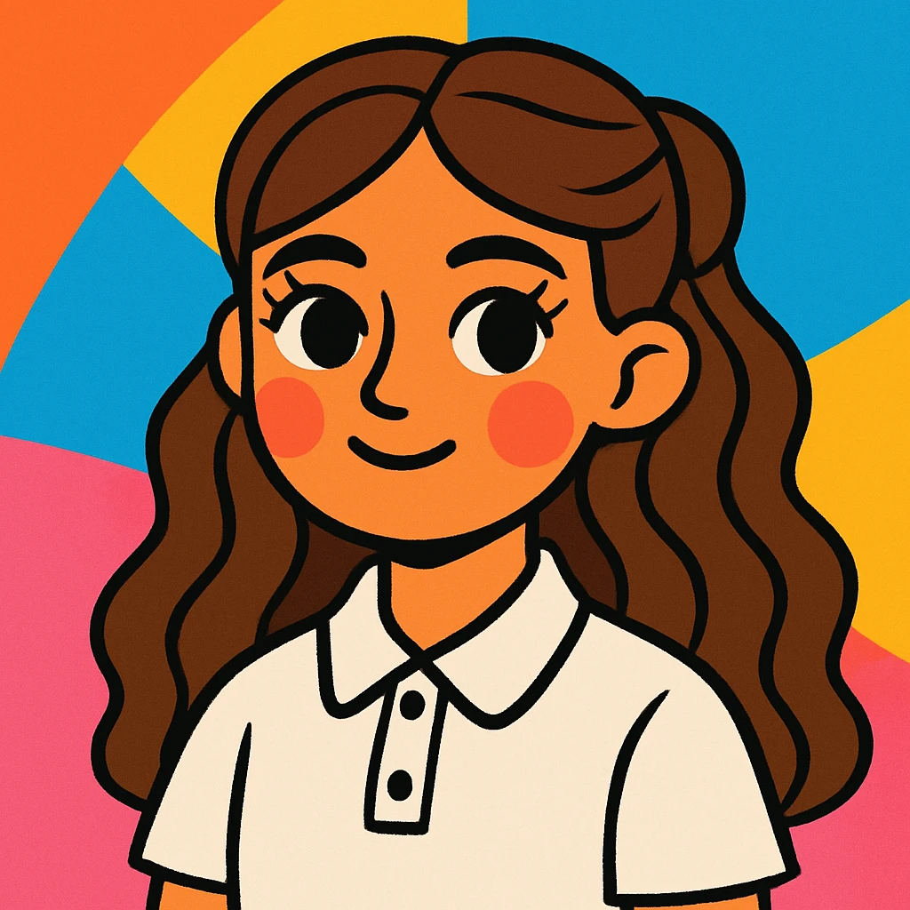 girl with a round face, long wavy brown hair in a half up half down style, brown eyes and long lashes, white button up polo, vibrant colorful style emoji