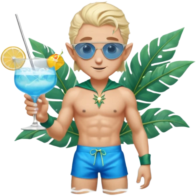 elf male legolas in stylish blue swim trunks, palm extended over cocktail glass, conjuring swirling frost and mist to chill it, silver aviator sunglasses, pointy ears, confident smirk, minimalist beach bar backdrop, centered emoji, summer magic emoji
