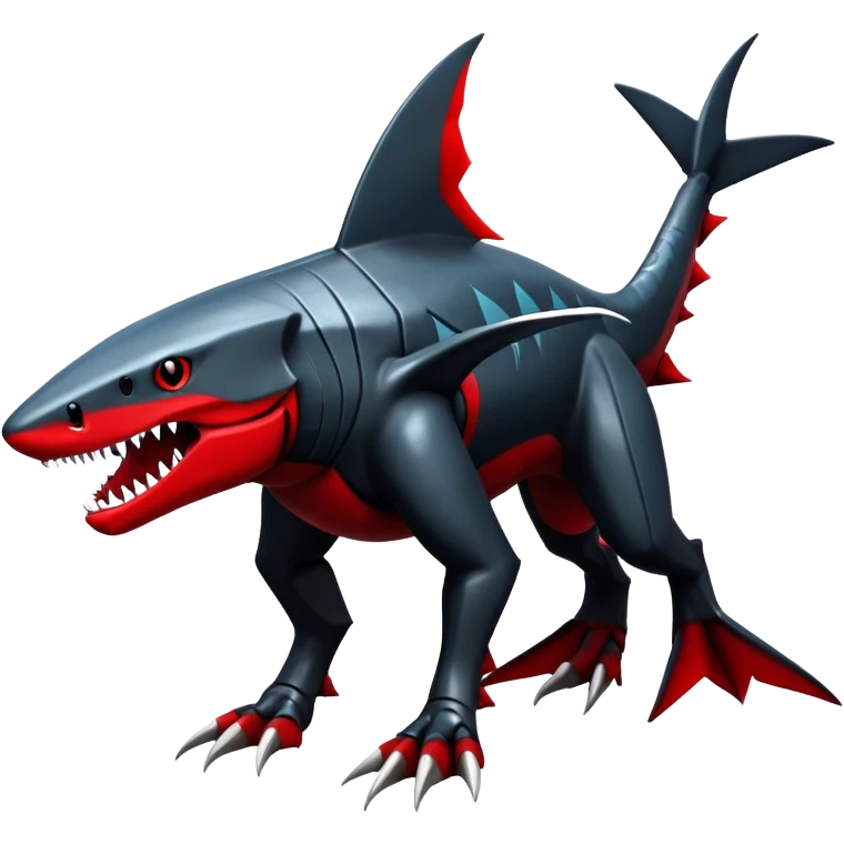 Realistic dark edgy futuristic modern advanced Sharpedo-Houndoom-Garchomp-Gabite-Scizor-sergal-hybrid-animal creature with a shark-tail and red scars, full body, with cool sharp markings  emoji