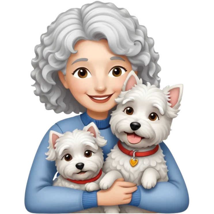 Single silver-haired with curly hair 60-ish lady smiling and hugging SINGLE westie dog emoji
