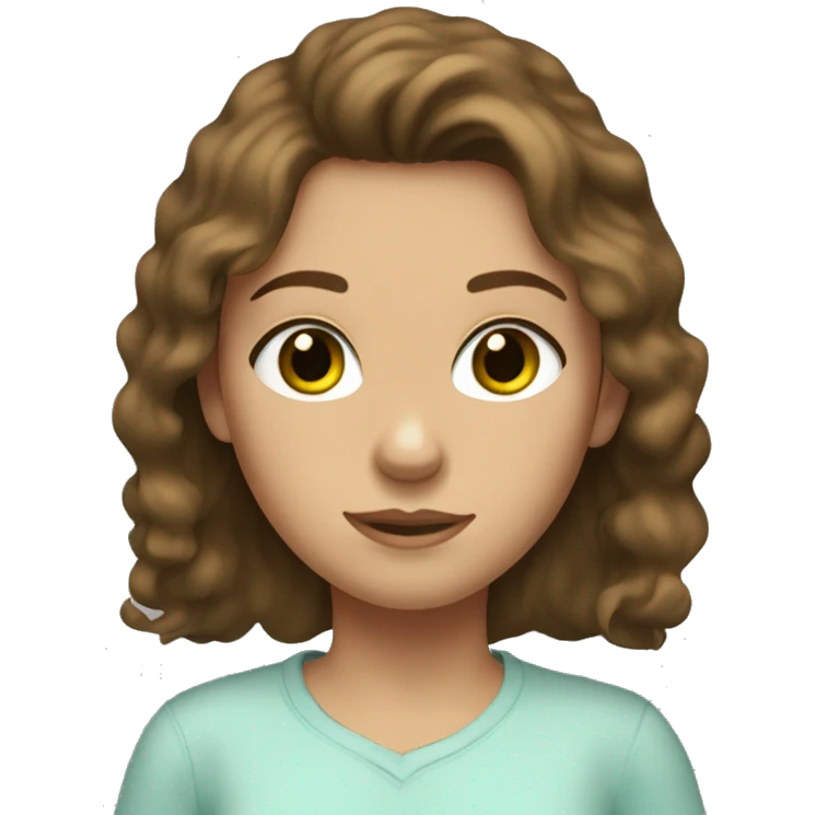 girl with shaggy shirt brown hair, green hazel eyes, faint freckles, and a light blue shirt emoji