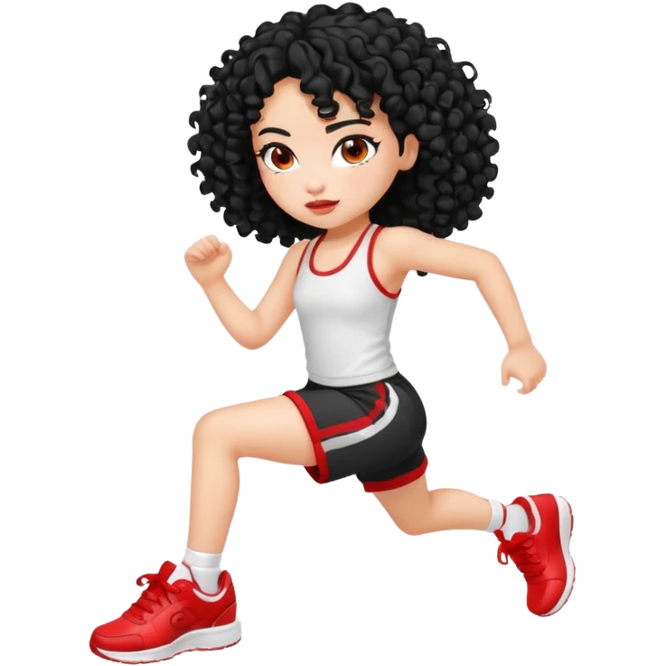 generate a pretty bratz fair skinned girl with curly black hair wearing a white gym set and excersing with red shoes on emoji