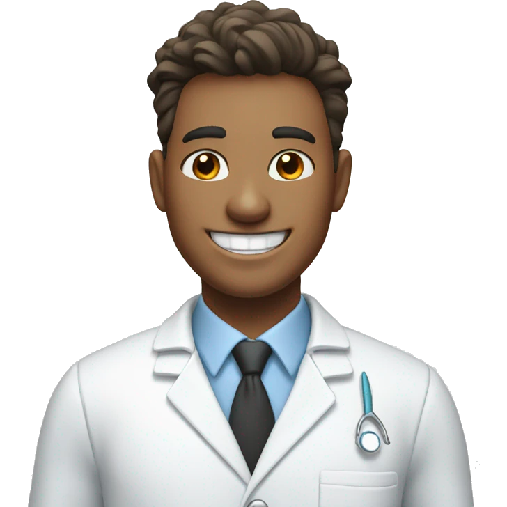 A dentist in a white coat smiles widely with snow-white teeth emoji