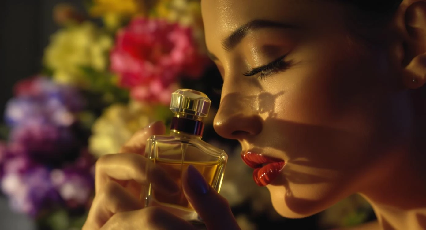 Motion blur Extreme Closeup photo of a beautifull woman holding perfume around beautifull colorfull flowers, cinematic light, 8K, very detailed, sharp, depth (foreground, midground, background) emoji