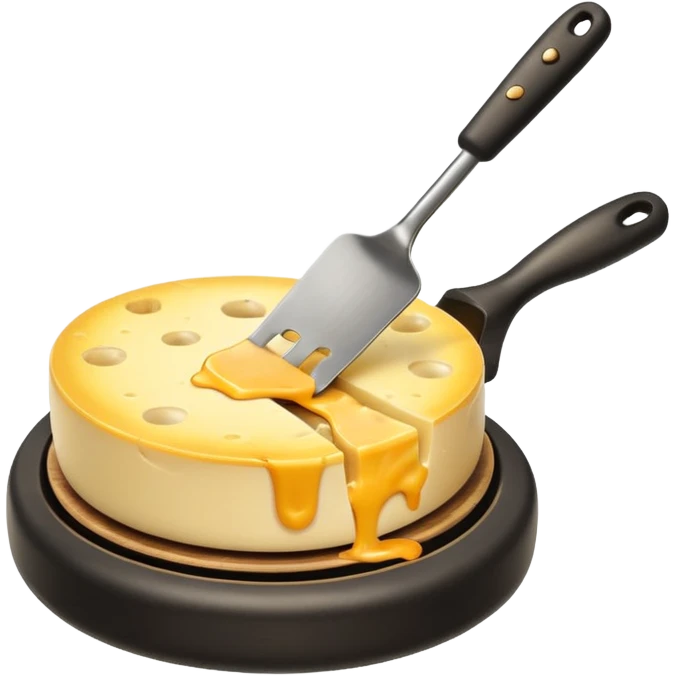 a half wheel of raclette cheese being scraped with a metal spatula, melted cheese flowing, warm golden colors, modern emoji style, clean outlines, transparent background emoji