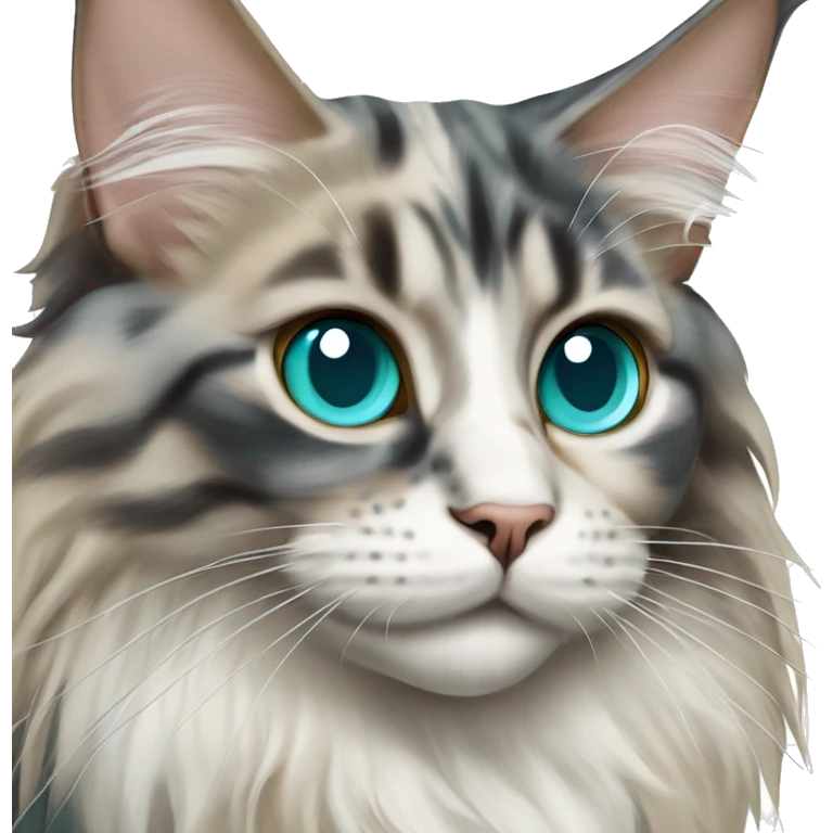 Maine coon dilute Calico half face colored and big turquoise eyes emoji