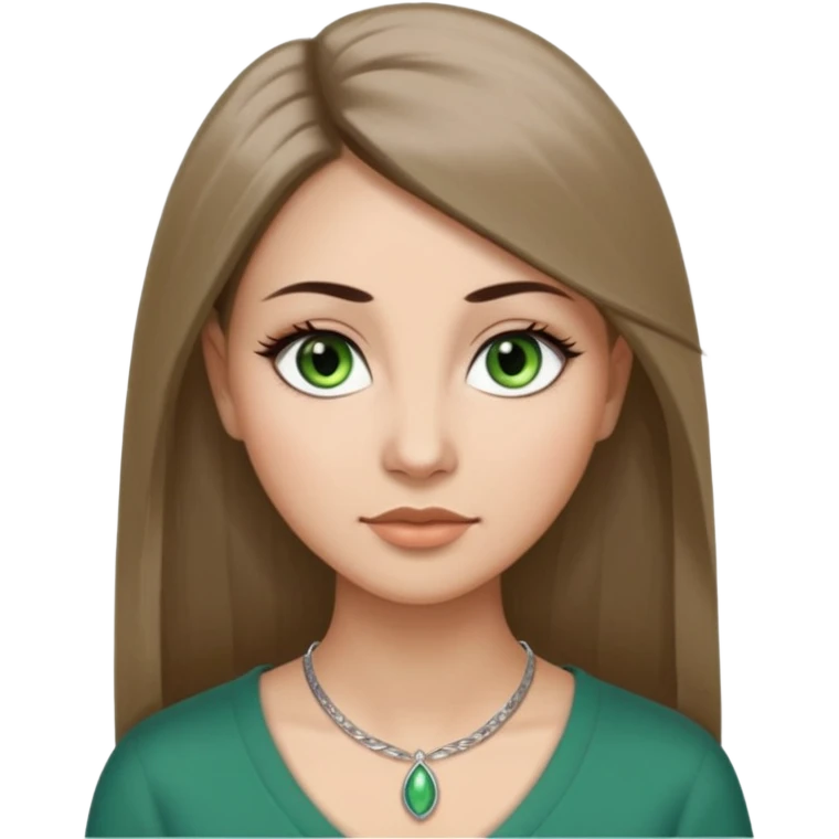 Adult woman avatar, light skin tone, oval face, long straight ashy brown hair, green almond-shaped eyes with dramatic eyelashes and minimal eyeliner, neutral mouth, medium straight eyebrows, small nose, smooth skin emoji