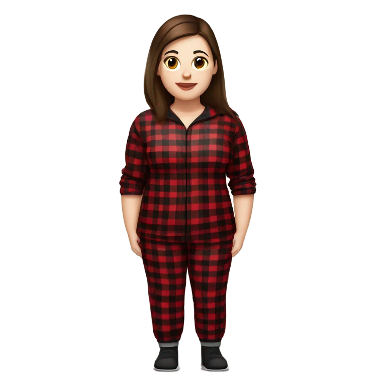 Plus size woman with straight brown hair and brown eyes wearing red and black buffalo plaid pjs. White skin. emoji