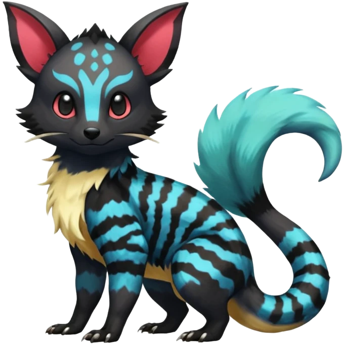 Rare exotic cute epic aesthetic colorful Salandit-Eevee-Civet-species-Fakemon-hybrid-creature, with markings, full body emoji