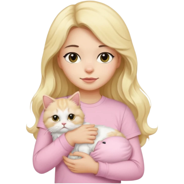 a black long wavy hair girl using a baby pink t-shirt holding a blonde persian cat emoji