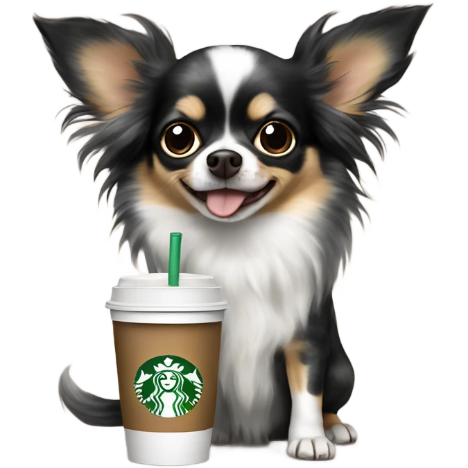 Fluffy spotted black Merle long hair chihuahua drinking Starbucks  emoji