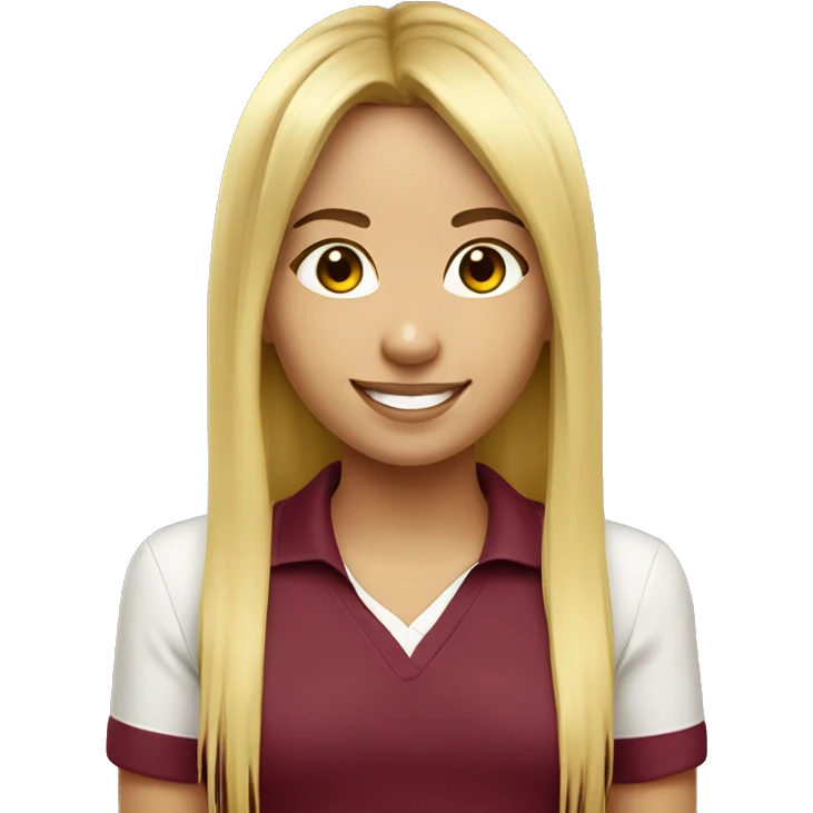 a mid length hair with curtain bangs beautiful girl smiling. wearing a light yellow polo with maroon identification lanyard  emoji
