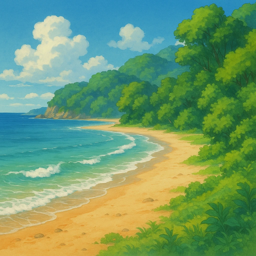 ghibli style coast with sandy beach, gentle waves, and lush greenery emoji