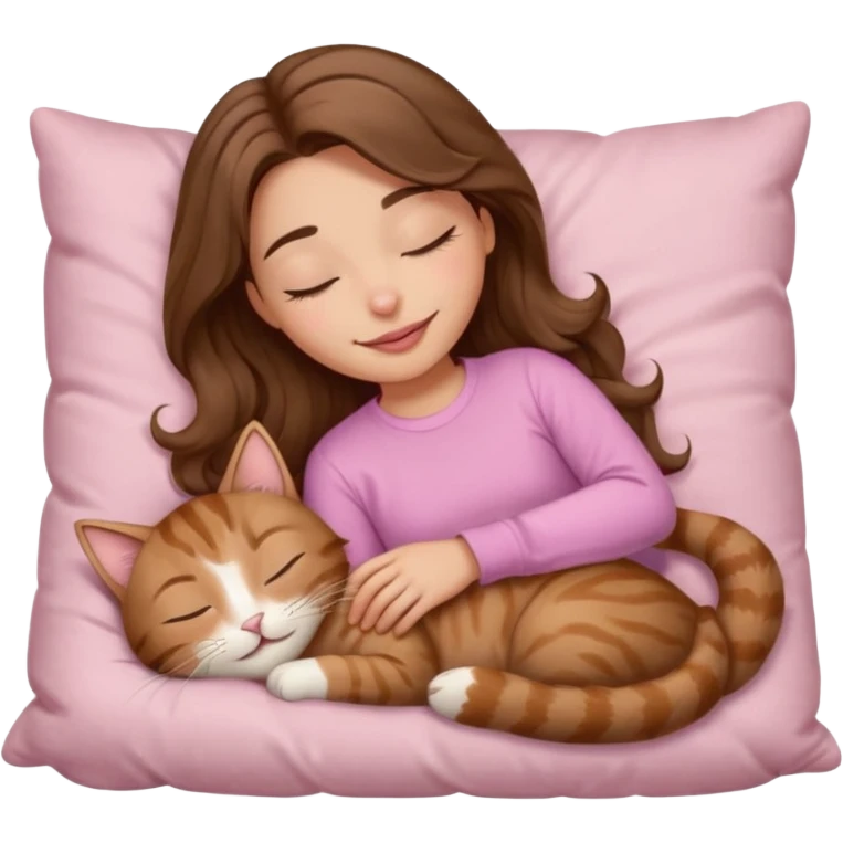 girl with wavy long brown hair, brown eyes, light to medium complexion, long lashes, light pink lipstick, smiling, wearing light pink shirt, sleeping on a cozy pillow, with brown tabby cat, sleeping emoji