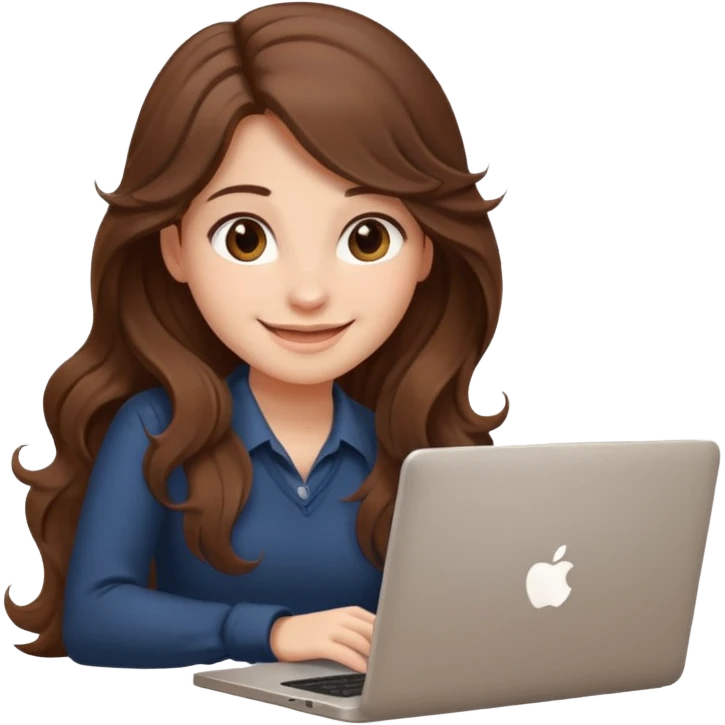Sitting in front of a laptop in the style of a cute female developer. No glasses, long hair waves and smiling. emoji