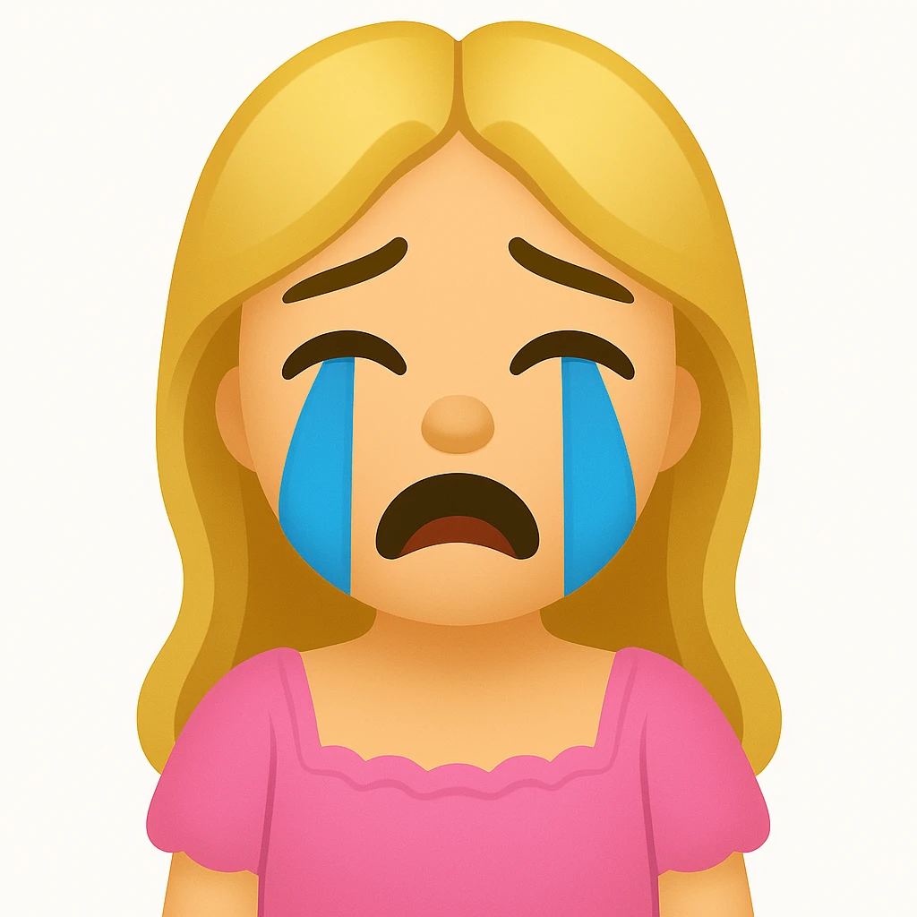 Create an iOS emoji style image of a blonde with long hair, green swamp eyes, and a pink pastel dress with a crying expression. Keep all facial features, clothes, and hairstyle from the reference image. emoji