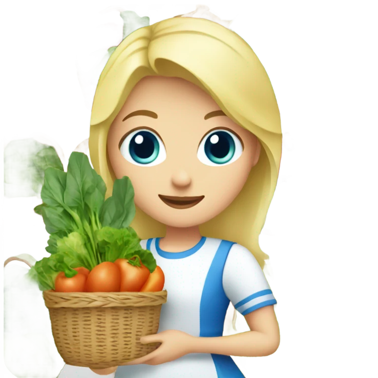 Blonde girl with blue eyes wearing a dress carrying baskets of vegetables and greens emoji
