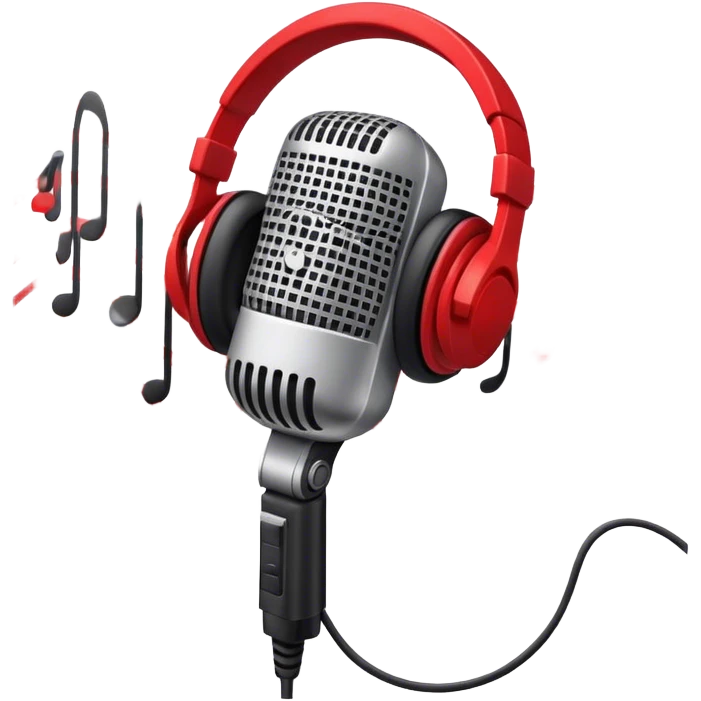 Create a dynamic and energetic emoji that represents beatboxing. The design should feature a stylized microphone with sound waves emanating from it, symbolizing vocal percussion and rhythm. Add elements like headphones or a subtle speaker to emphasize the music production aspect. Use bold colors like black, white, and red to convey the intensity and creativity of beatboxing. The background should be transparent. emoji