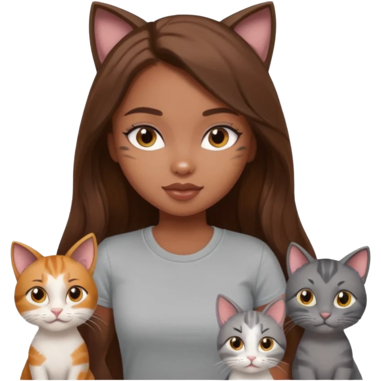 a pretty bratz dusky girl with long brown hair with six cats nd wearing a grey tshirt emoji