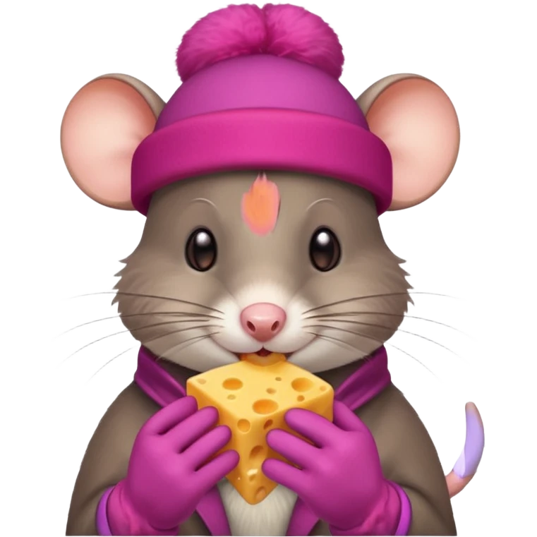 rat eating cheese with red hat and pink gloves emoji