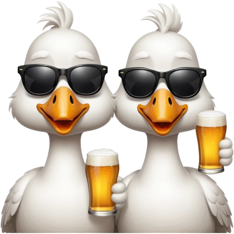 Two geese sunbathing on the beach wearing sunglasses drinking beers emoji