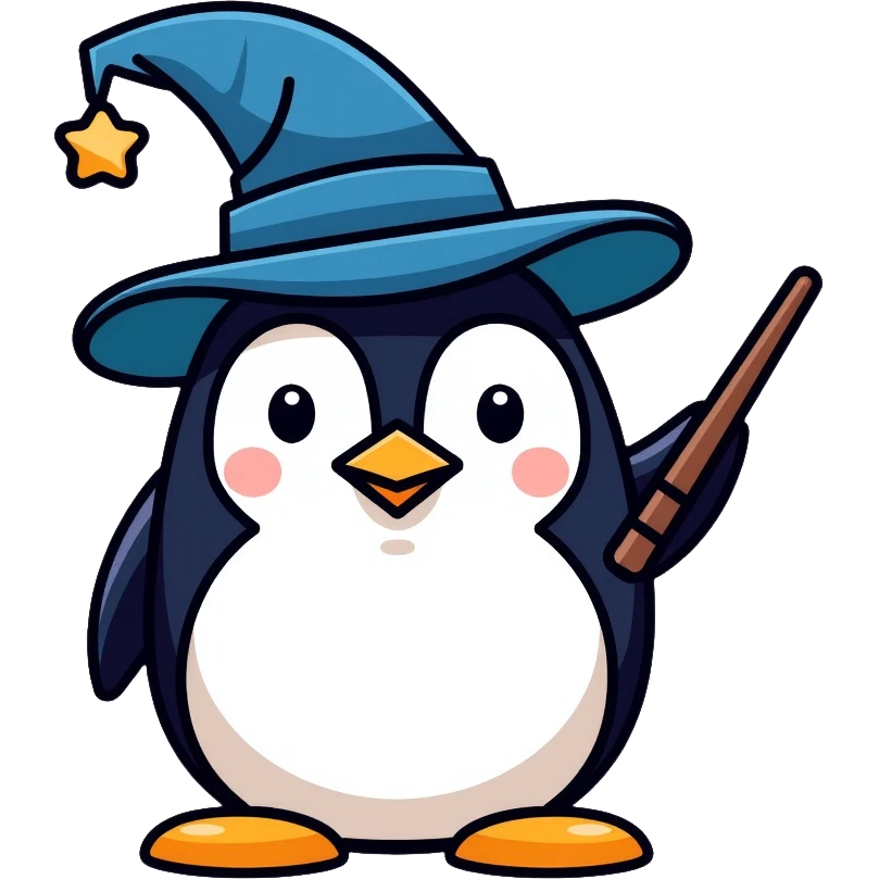 Penguin dressed as a wizard with a magical wand and pointy wizard hat emoji