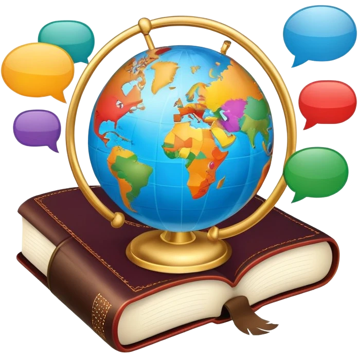 An icon showing a globe surrounded by speech bubbles with greetings in different languages, like 'Hello,' 'Hola,' and 'Bonjour.' The design includes an open book and a quill, symbolizing learning and communication. Transparent background emphasizes global connection through language. emoji