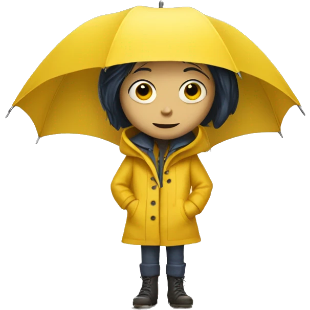 coraline wearing a yellow raincoat and button eyes emoji