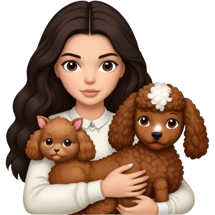 Kendall Jenner with long dark hair holding a brown poodle and a cow cat in her arms emoji