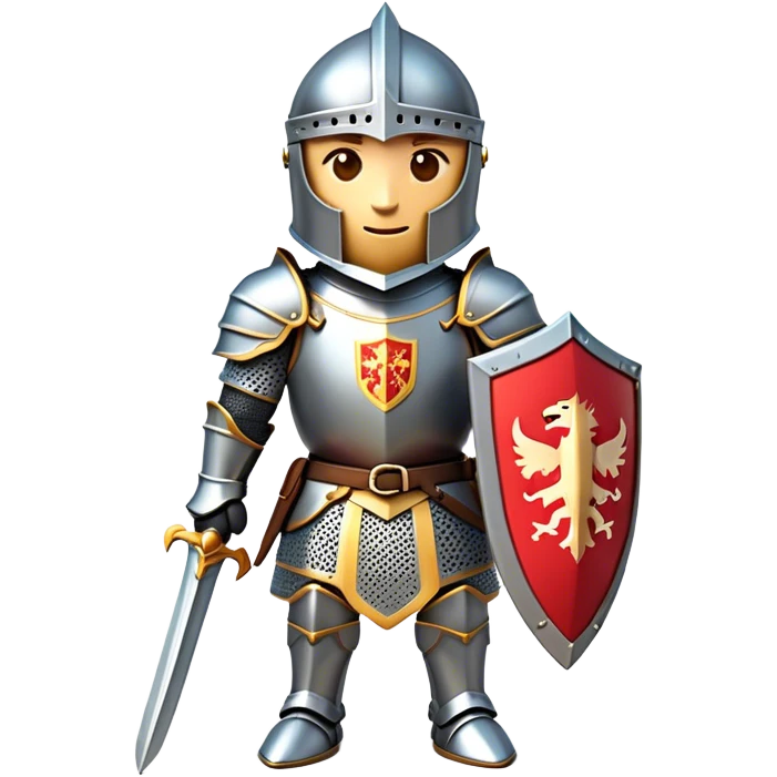 Clash of Clans aesthetic: Cinematic Playful Armored Knight Hero Emoji, rendered in a 3D vector-style similar to standard emojis with minimal shading and bold, simplified shapes. A compact, isometric warrior clad in gleaming plate armor with intricate heraldic details, softly glowing with a chivalrous medieval charm. Simplified yet unmistakably iconic, highly detailed and consistent, glowing with a soft radiant shine and high polish. Stylized with a touch of noble valor and a soft glowing outline, capturing the essence of a gallant knight ready for honorable battle with a friendly, playful manner! emoji