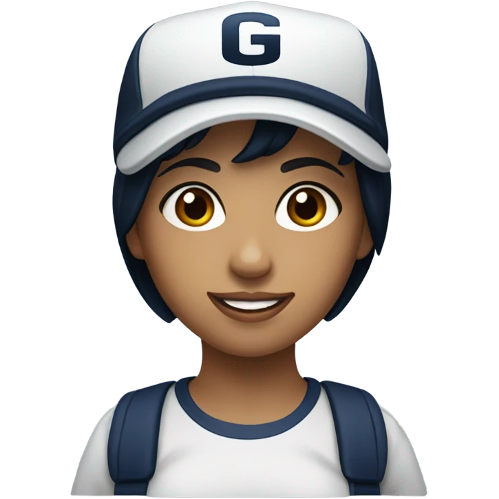 Black hair white girl brown eyes wearing navy ballcap emblazoned with a G logo  emoji