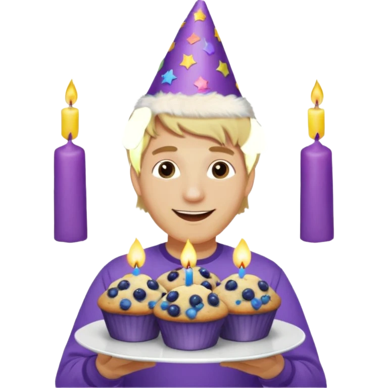 Man with blonde hair wearing purple shirt and a party hat holding several blueberry muffins either candles in them  emoji