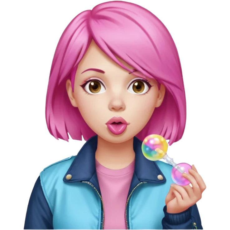 Pink-haired woman in jacket blowing bubble gum emoji