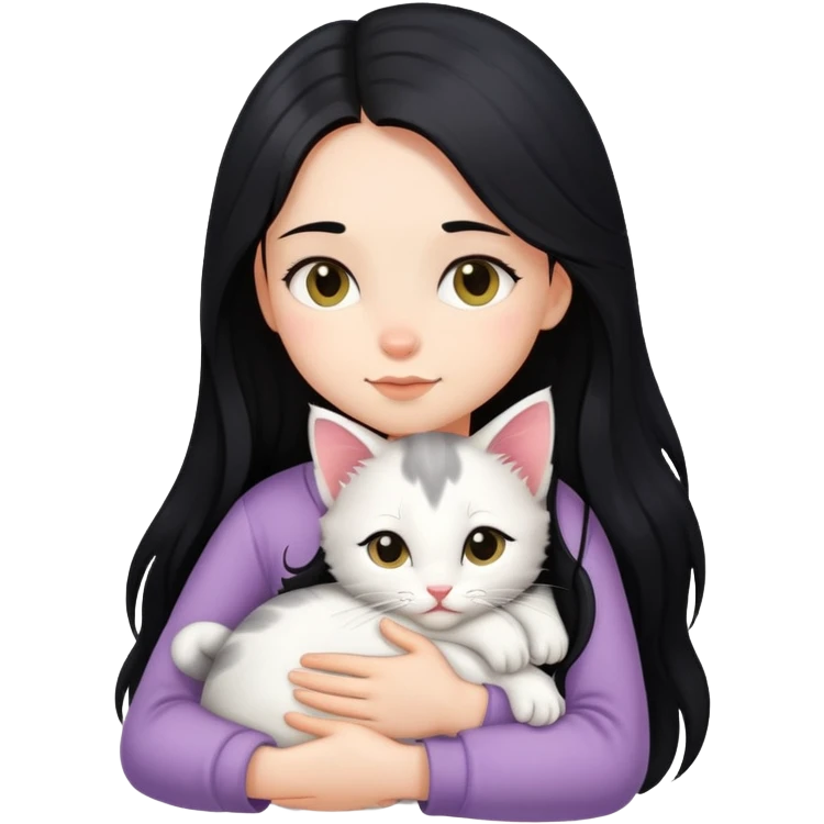 A girl with long black hair tightly hugged a kitten emoji