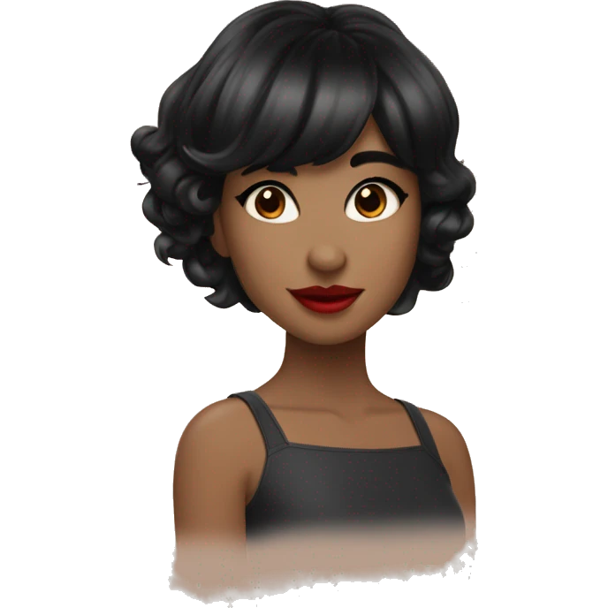 pretty girl with black hair reaching below the armpits with bangs. red lips, brown eyes, fair skin emoji