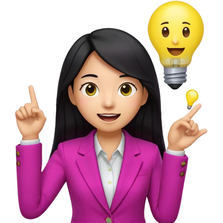 Cute 3D emoji of a Korean woman in a magenta blazer, long black hair and big brown eyes, with a light bulb above her head, excited expression, finger pointing up, solid lemon yellow background. emoji