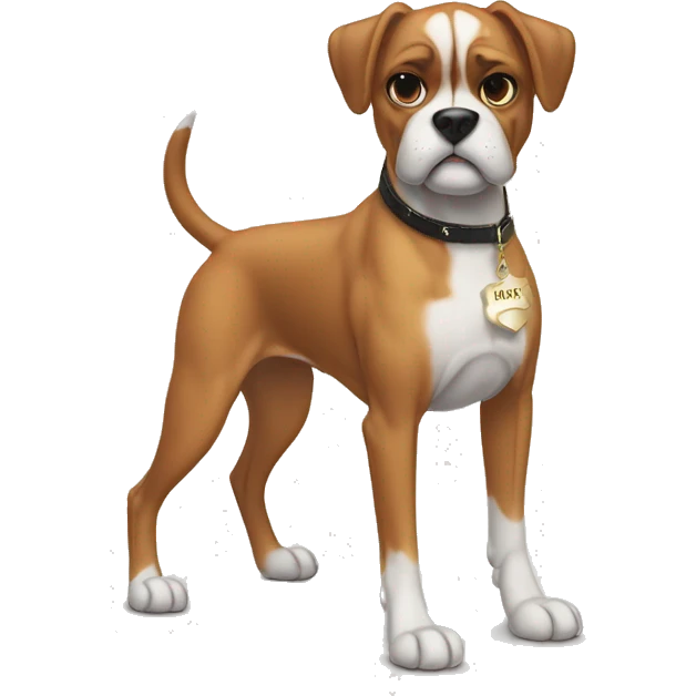 boxer dog with sharp cut ears and a name plaque in form of a bone in its collar that says MIKO emoji