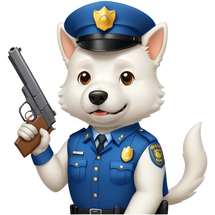 A big pumped-up white dog in a police uniform with a gun emoji