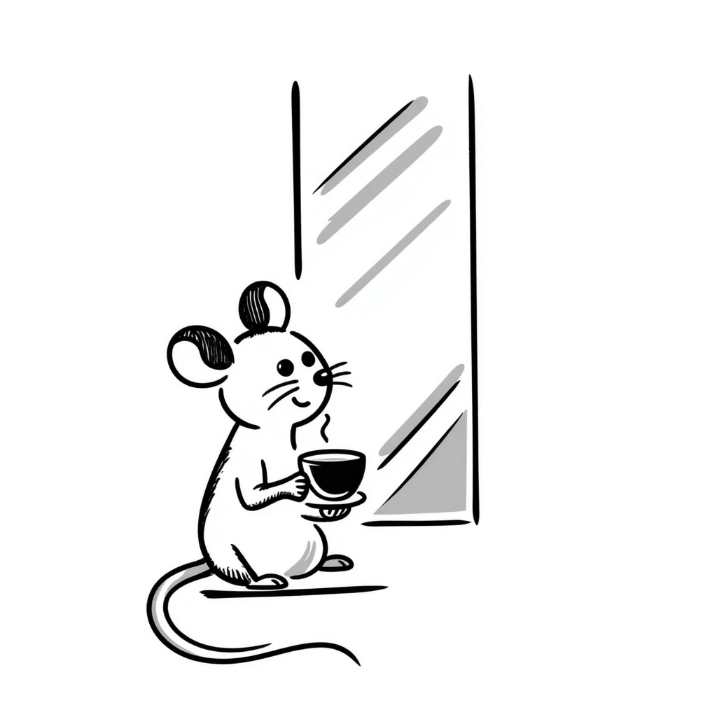 Hand-drawn mouse sitting by the window with a teacup emoji