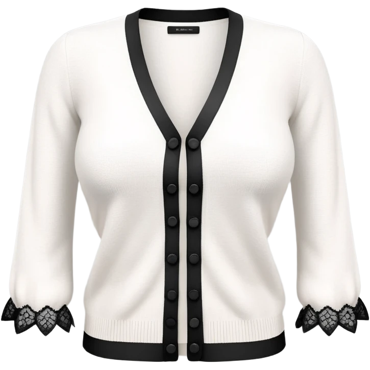 white cashmere cardigan with 8 tiny black lace bows all over front and sleeves, realistic 3d isolated, soft texture emoji