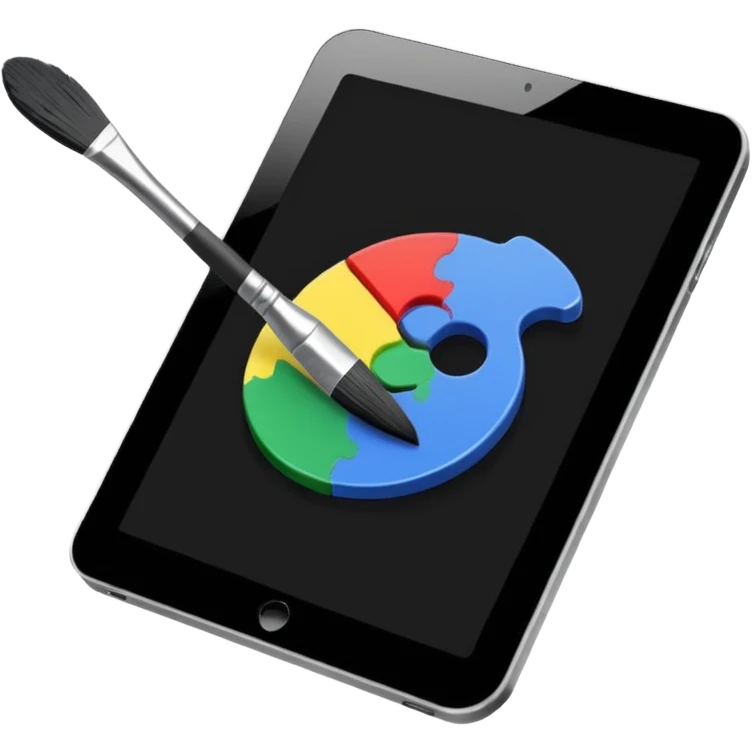 A simple graphic for digital art. A tablet dissolving into pixels with a paint brush or a pallet overlaid. No gradients. Just black on white. emoji