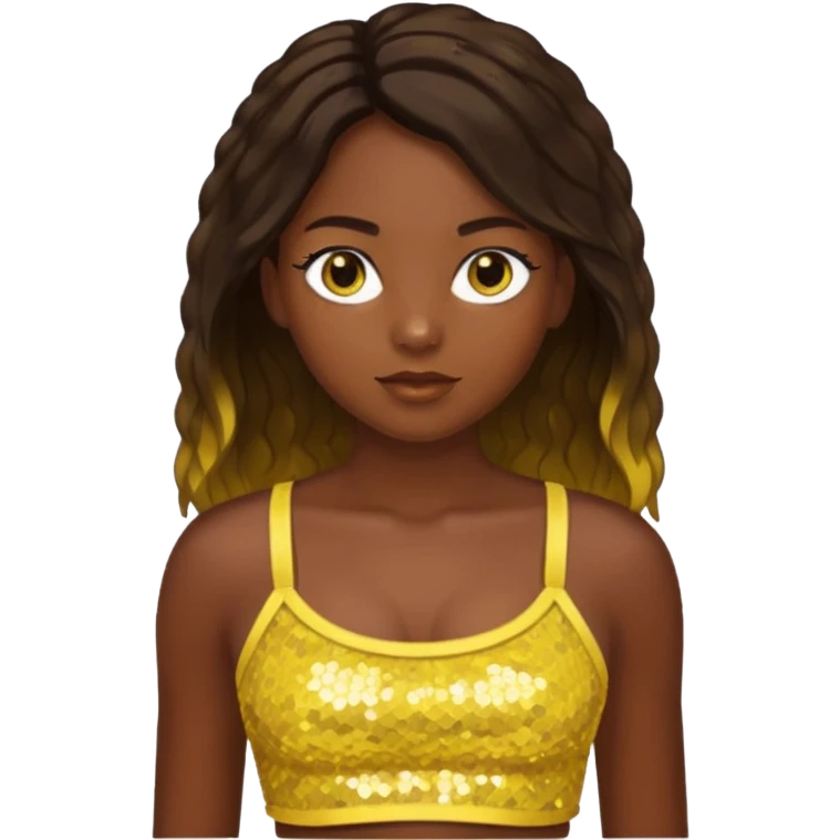 Sasha from Bratz with long dark brown hair, dark skin, hazel eyes, yellow sequin crop top emoji