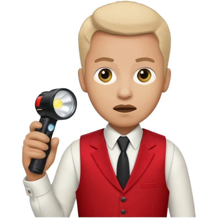 Movie theatre usher in red vest and black tie with flashlight looking scared emoji
