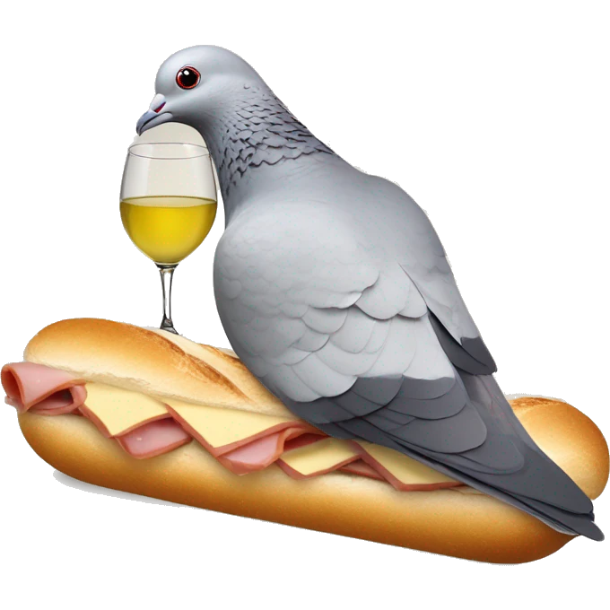 Pigeon with a PSG football club lying on a ham and butter baguette sandwich, drinking white wine emoji