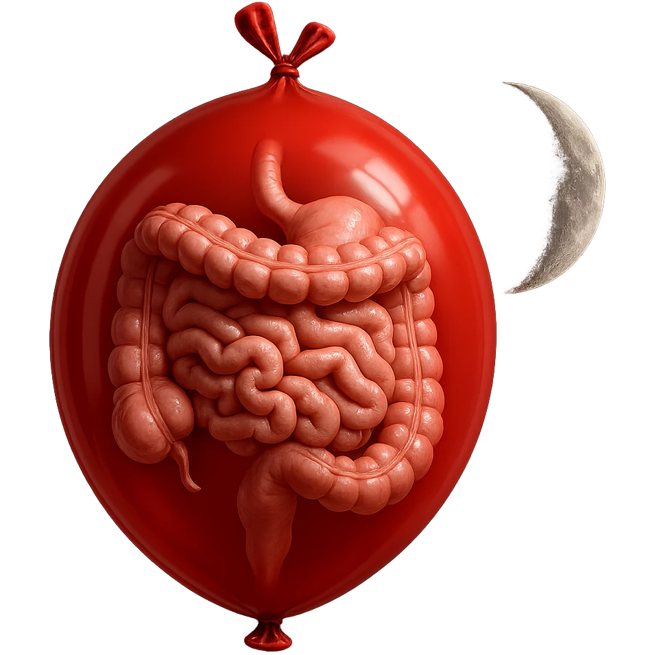 intestino umano anatomico chiuso in un palloncino rosso che simboleggia gonfiore, accanto una mezza luna che simboleggia "gonfiori di sera", iperrealistico 4k emoji