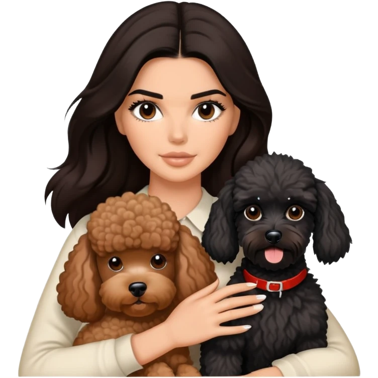 Kendall Jenner with long dark hair holding a brown poodle and a black schnauzer emoji