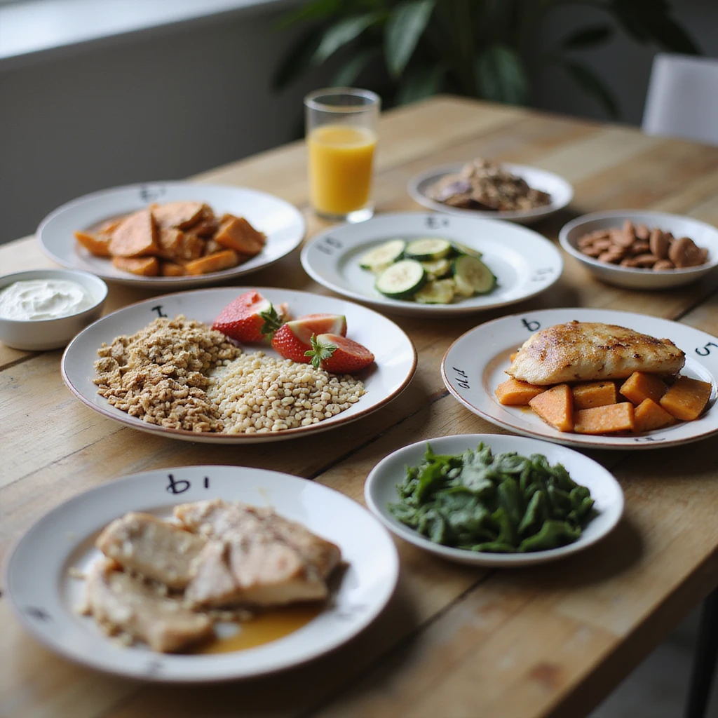 hyperrealistic 4K table with separate plates for 2000 calorie diet: breakfast with Greek yogurt, granola, strawberries; lunch with chicken, barley, zucchini; dinner with tuna, sweet potatoes, spinach; snacks with banana, almonds, protein bar. Plates labeled with calories, modern kitchen atmosphere emoji